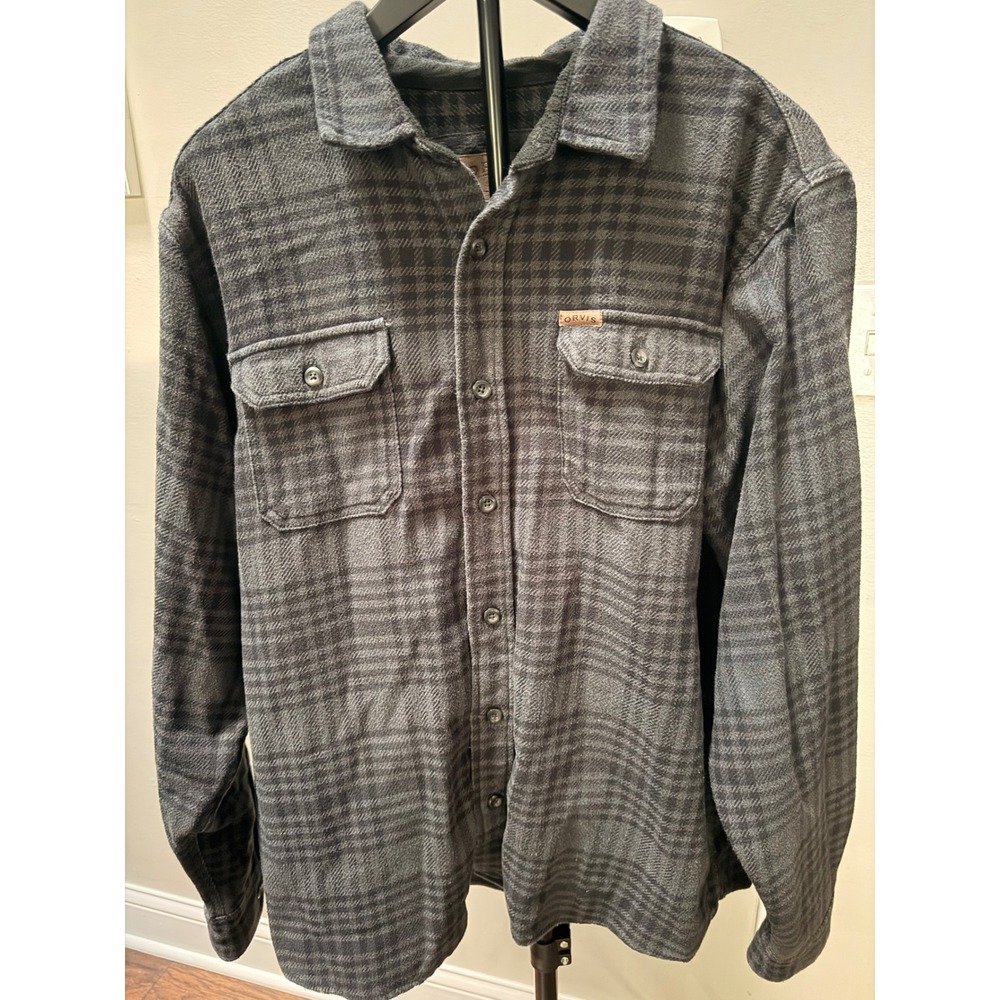 Orvis Classic Collection Mens XL Grey Black Plaid Flannel Button Down Shirt‎